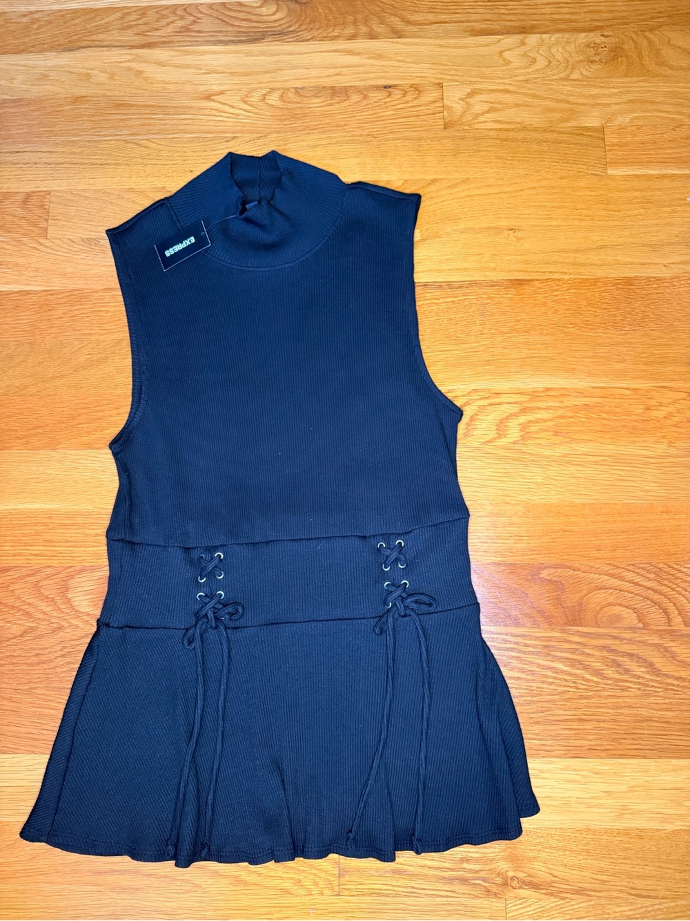 NWT Express Black Ribbed Mock Neck Lace Up Drop Waist Mini Dress M